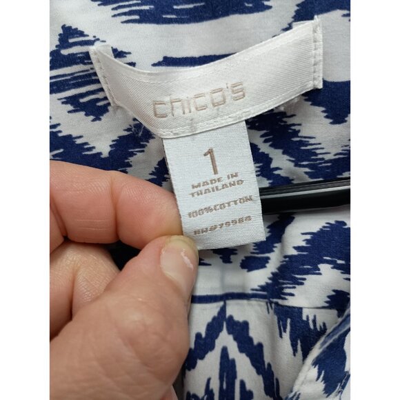 Chicos Womens No Iron Shirt  Medium Blue White Preppy Long Sleeve Button Up - Picture 6 of 9